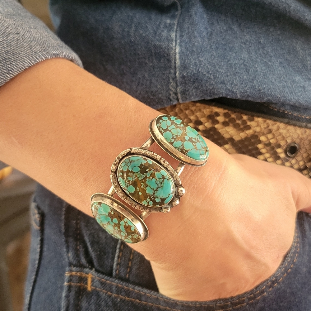 Natural 3 stones  Black Jack Turquois Bracelet  - Sterling Silver , Singne 925